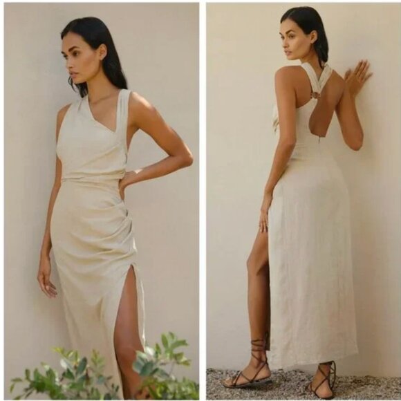 Anthropologie Asymmetric Linen Maxi Long Dress Open Back Tan Beige New Large - Picture 1 of 6